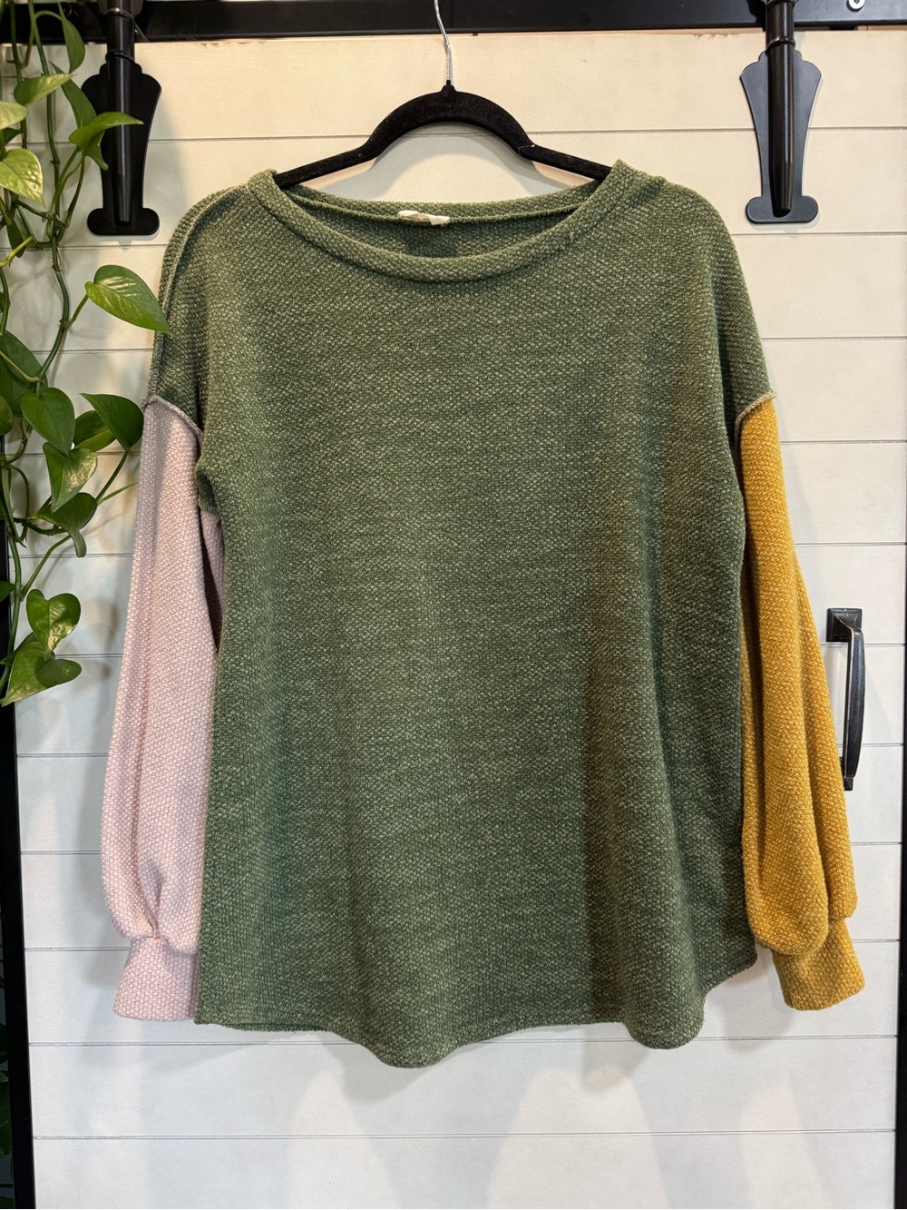 BiBi Olive Colorblock Pullover with Pink and Mustard Sleeves